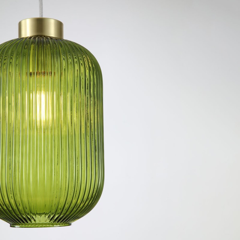 Searchlight-NIK-SP1-SB+01NIK-GR - Nikita - Satin Brass Pendant with Green Ribbed Glass ∅ 20 cm