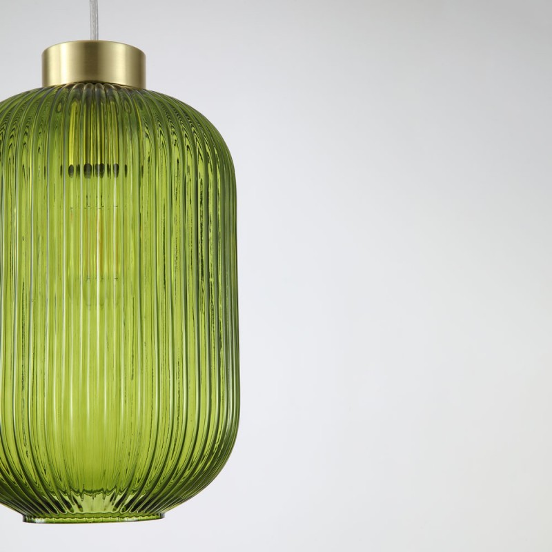 Searchlight-NIK-SP1-SB+01NIK-GR - Nikita - Satin Brass Pendant with Green Ribbed Glass ∅ 20 cm
