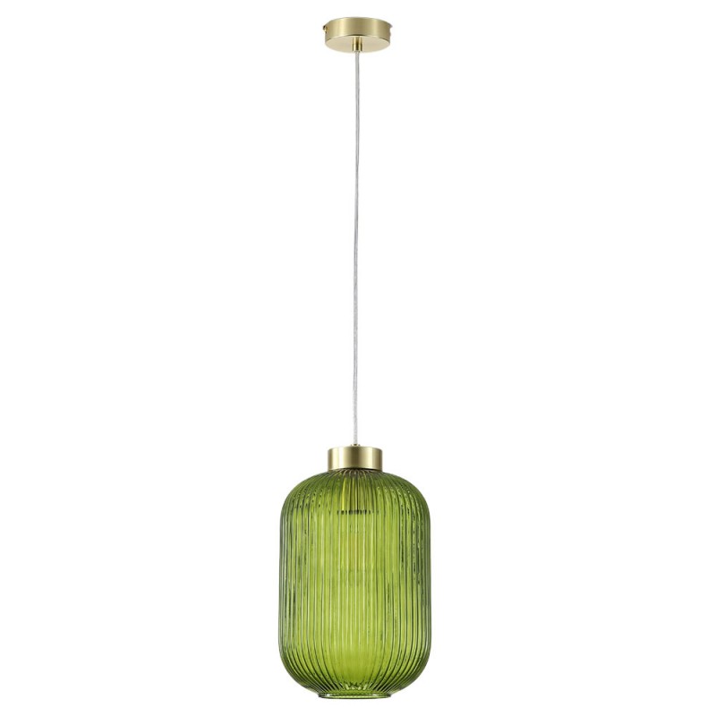 Searchlight-NIK-SP1-SB+01NIK-GR - Nikita - Satin Brass Pendant with Green Ribbed Glass ∅ 20 cm