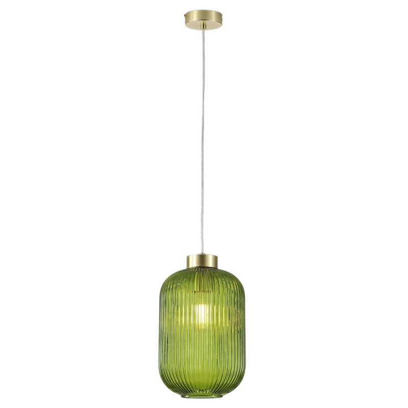 Searchlight-NIK-SP1-SB+01NIK-GR - Nikita - Satin Brass Pendant with Green Ribbed Glass ∅ 20 cm