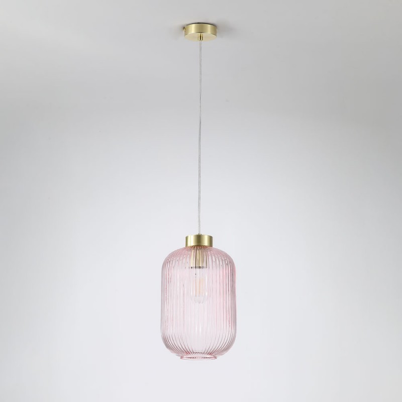 Searchlight-NIK-SP1-SB+01NIK-PI - Nikita - Satin Brass Pendant with Pink Ribbed Glass ∅ 20 cm
