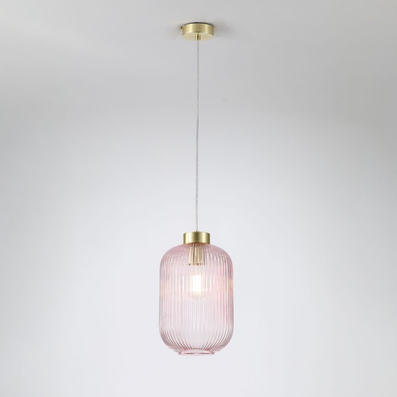 Searchlight-NIK-SP1-SB+01NIK-PI - Nikita - Satin Brass Pendant with Pink Ribbed Glass ∅ 20 cm