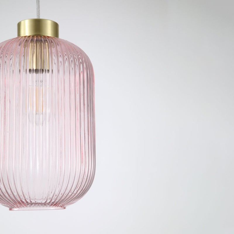 Searchlight-NIK-SP1-SB+01NIK-PI - Nikita - Satin Brass Pendant with Pink Ribbed Glass ∅ 20 cm