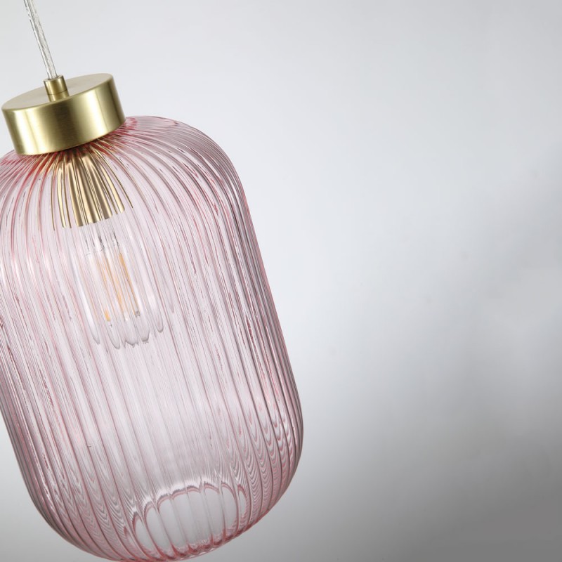Searchlight-NIK-SP1-SB+01NIK-PI - Nikita - Satin Brass Pendant with Pink Ribbed Glass ∅ 20 cm