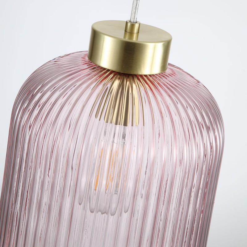 Searchlight-NIK-SP1-SB+01NIK-PI - Nikita - Satin Brass Pendant with Pink Ribbed Glass ∅ 20 cm