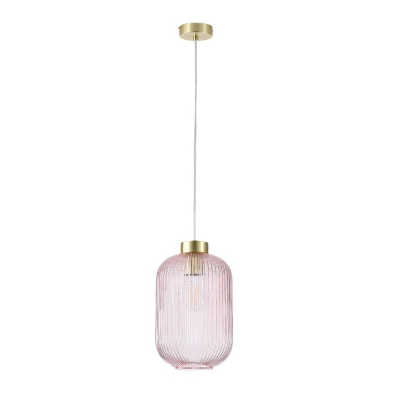 Searchlight-NIK-SP1-SB+01NIK-PI - Nikita - Satin Brass Pendant with Pink Ribbed Glass ∅ 20 cm