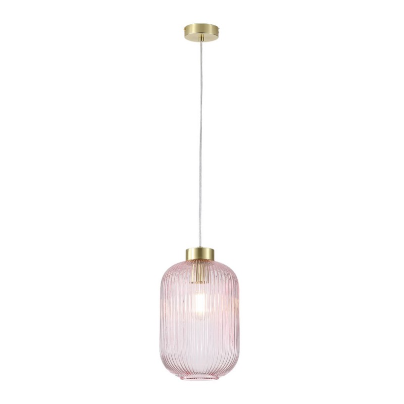 Searchlight-NIK-SP1-SB+01NIK-PI - Nikita - Satin Brass Pendant with Pink Ribbed Glass ∅ 20 cm