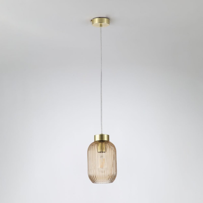 Ceiling Lights - Nikita - Satin Brass Pendant with Amber Ribbed Glass ∅ 14 cm Searchlight-NIK-SP1-SB+02NIK-AM - Nikita - Satin Brass Pendant with Amber Ribbed Glass ∅ 14 cm