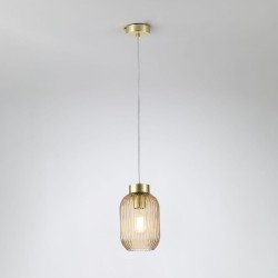 Nikita - Satin Brass Pendant with Amber Ribbed Glass ∅ 14 cm Nikita - Satin Brass Pendant with Amber Ribbed Glass ∅ 14 cm