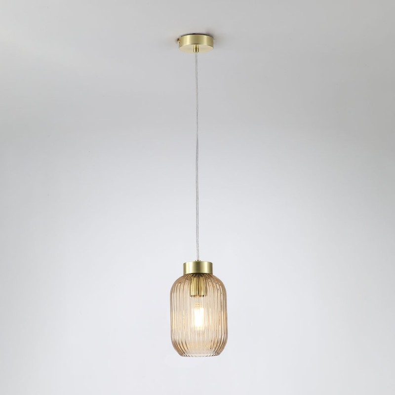 Ceiling Lights - Nikita - Satin Brass Pendant with Amber Ribbed Glass ∅ 14 cm Searchlight-NIK-SP1-SB+02NIK-AM - Nikita - Satin Brass Pendant with Amber Ribbed Glass ∅ 14 cm