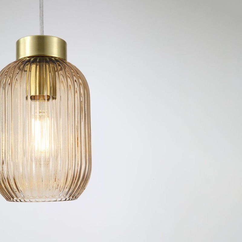 Ceiling Lights - Nikita - Satin Brass Pendant with Amber Ribbed Glass ∅ 14 cm Searchlight-NIK-SP1-SB+02NIK-AM - Nikita - Satin Brass Pendant with Amber Ribbed Glass ∅ 14 cm