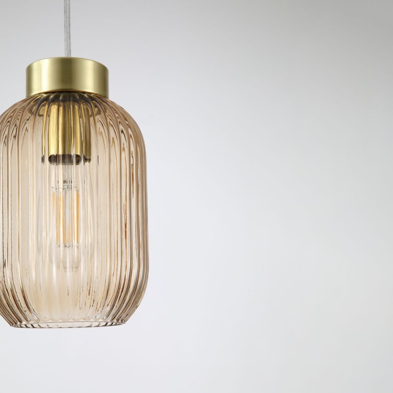 Ceiling Lights - Nikita - Satin Brass Pendant with Amber Ribbed Glass ∅ 14 cm Searchlight-NIK-SP1-SB+02NIK-AM - Nikita - Satin Brass Pendant with Amber Ribbed Glass ∅ 14 cm
