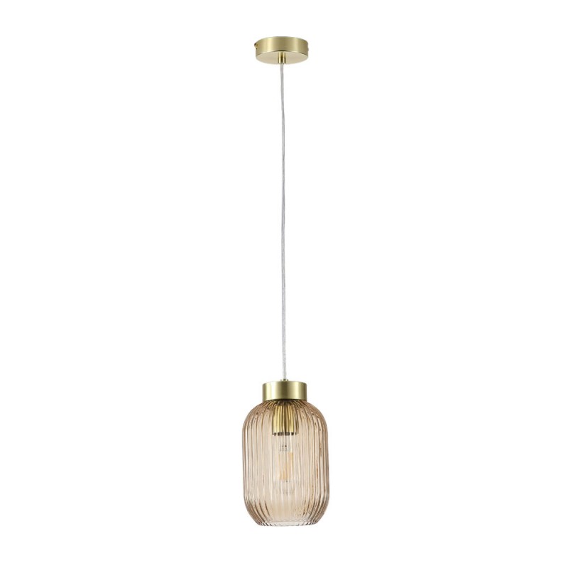 Ceiling Lights - Nikita - Satin Brass Pendant with Amber Ribbed Glass ∅ 14 cm Searchlight-NIK-SP1-SB+02NIK-AM - Nikita - Satin Brass Pendant with Amber Ribbed Glass ∅ 14 cm