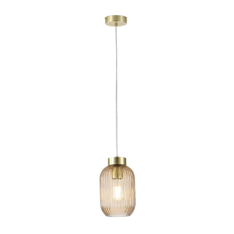 Ceiling Lights - Nikita - Satin Brass Pendant with Amber Ribbed Glass ∅ 14 cm Searchlight-NIK-SP1-SB+02NIK-AM - Nikita - Satin Brass Pendant with Amber Ribbed Glass ∅ 14 cm