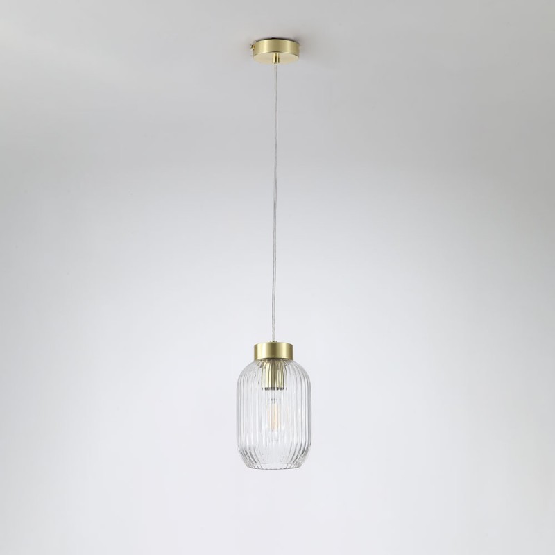 Searchlight-NIK-SP1-SB+02NIK-CL - Nikita - Satin Brass Pendant with Clear Ribbed Glass ∅ 14 cm