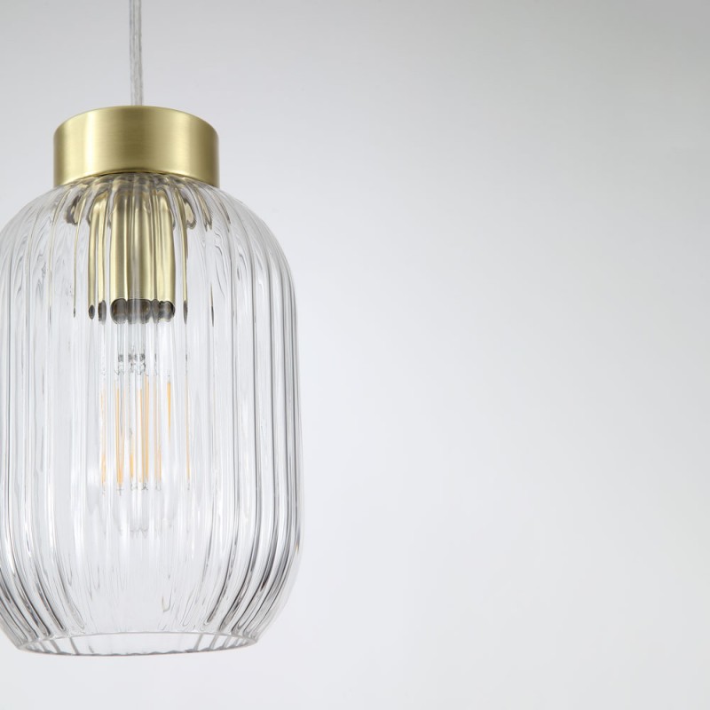 Searchlight-NIK-SP1-SB+02NIK-CL - Nikita - Satin Brass Pendant with Clear Ribbed Glass ∅ 14 cm