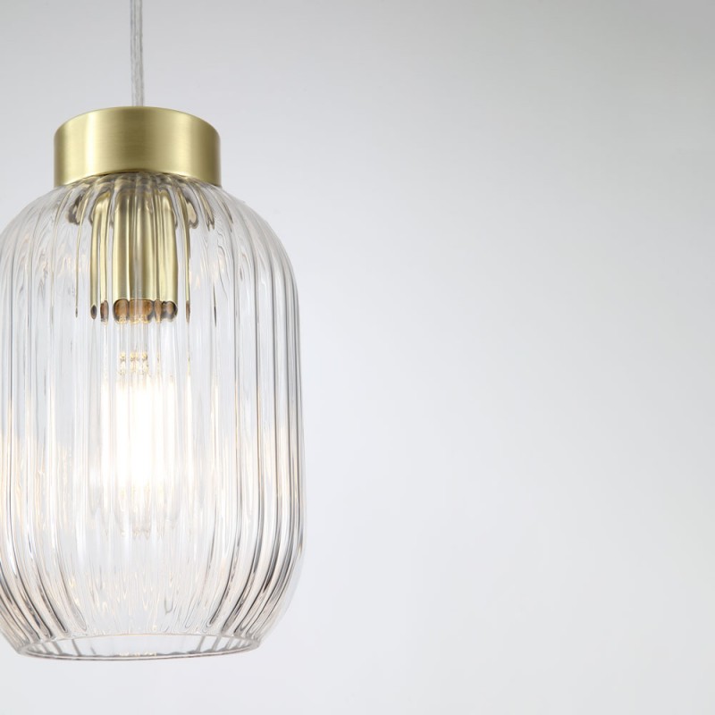 Searchlight-NIK-SP1-SB+02NIK-CL - Nikita - Satin Brass Pendant with Clear Ribbed Glass ∅ 14 cm