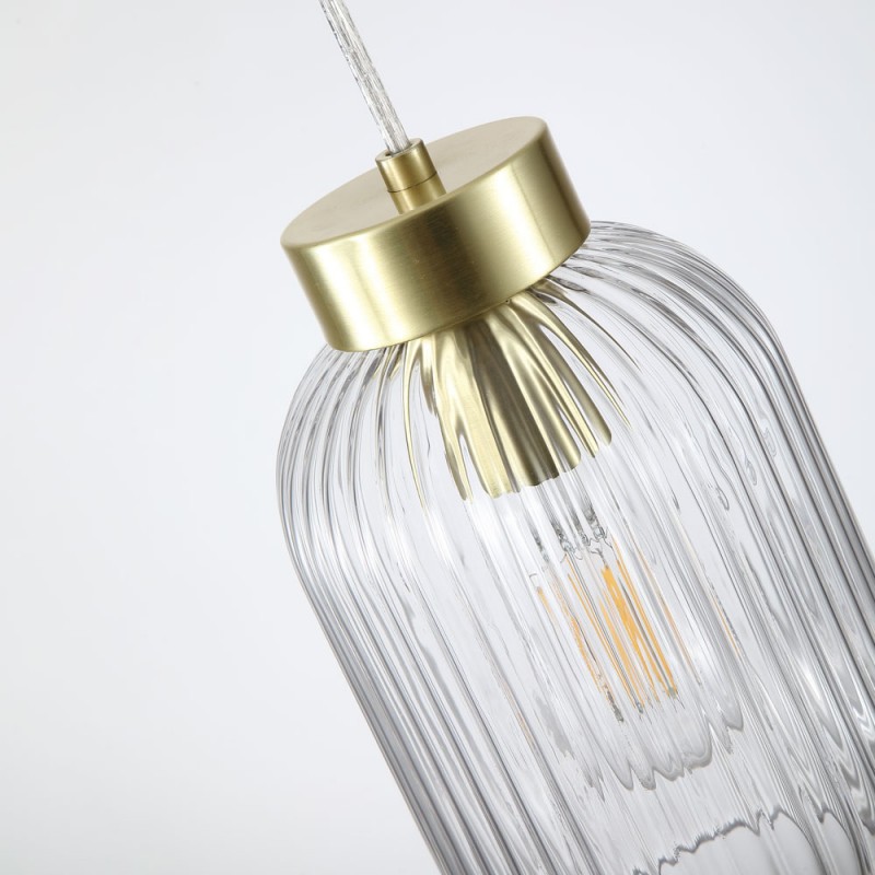 Searchlight-NIK-SP1-SB+02NIK-CL - Nikita - Satin Brass Pendant with Clear Ribbed Glass ∅ 14 cm
