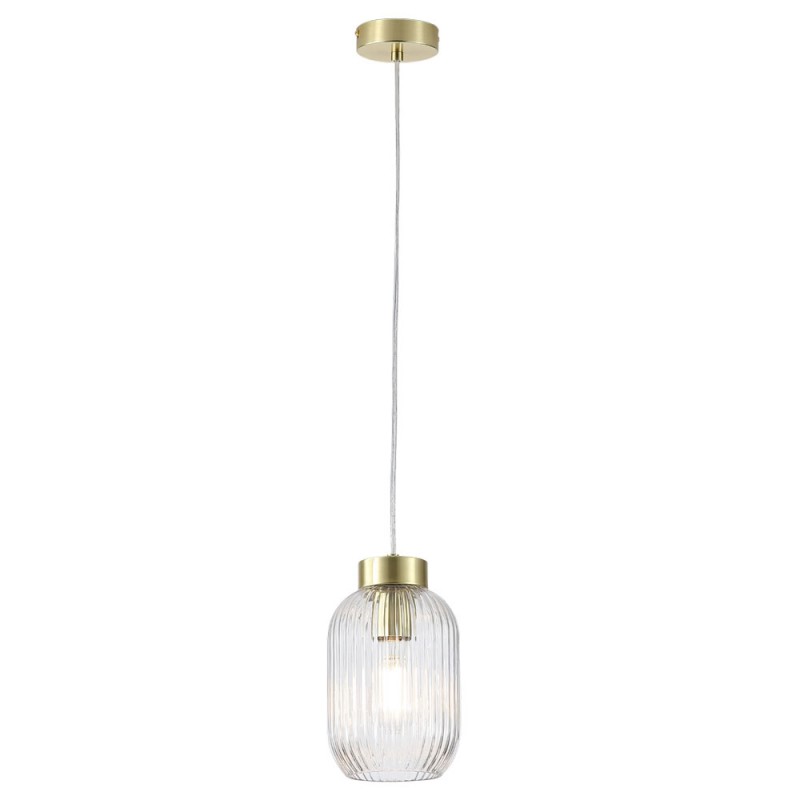 Searchlight-NIK-SP1-SB+02NIK-CL - Nikita - Satin Brass Pendant with Clear Ribbed Glass ∅ 14 cm