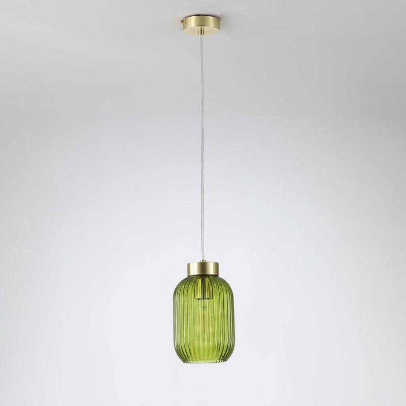 - Nikita - Satin Brass Pendant with Green Ribbed Glass ∅ 14 cm Searchlight-NIK-SP1-SB+02NIK-GR - Nikita - Satin Brass Pendant with Green Ribbed Glass ∅ 14 cm