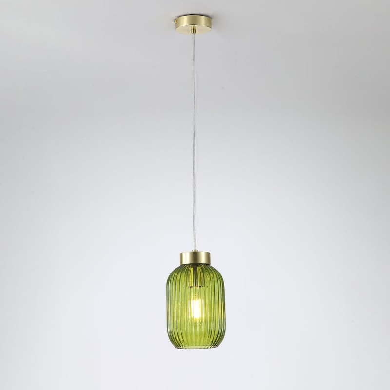 - Nikita - Satin Brass Pendant with Green Ribbed Glass ∅ 14 cm Searchlight-NIK-SP1-SB+02NIK-GR - Nikita - Satin Brass Pendant with Green Ribbed Glass ∅ 14 cm