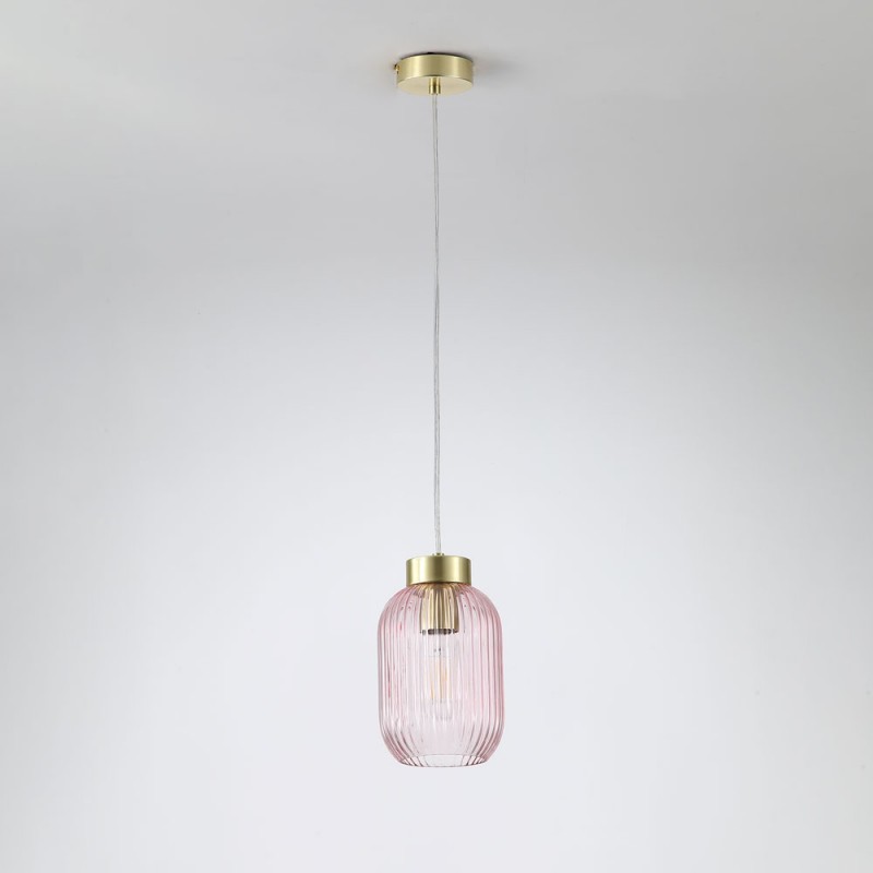 Searchlight-NIK-SP1-SB+02NIK-PI - Nikita - Satin Brass Pendant with Pink Ribbed Glass ∅ 14 cm