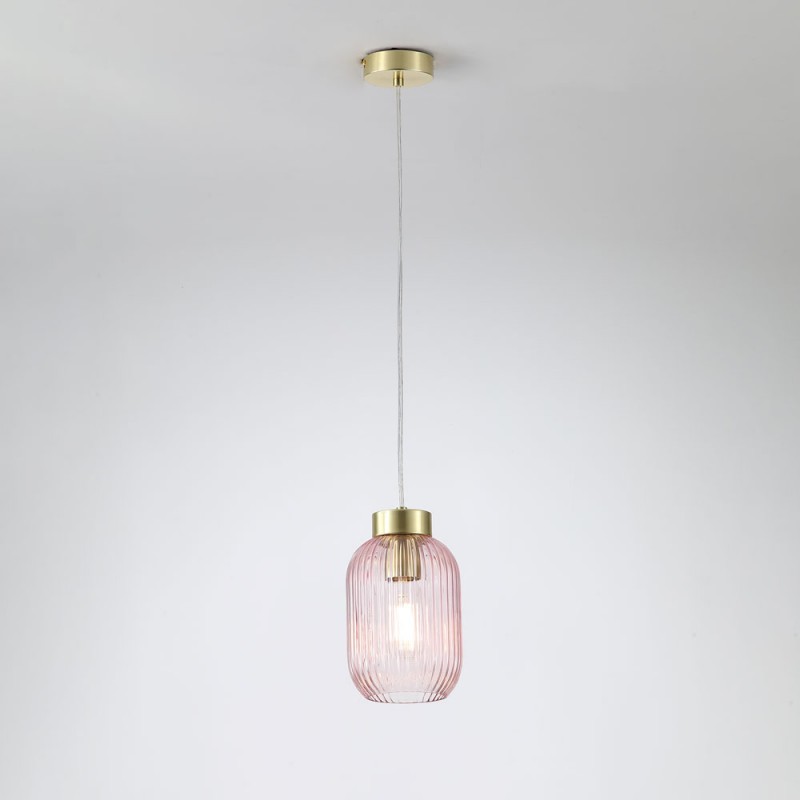 Searchlight-NIK-SP1-SB+02NIK-PI - Nikita - Satin Brass Pendant with Pink Ribbed Glass ∅ 14 cm