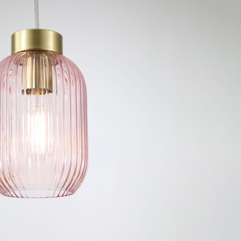 Searchlight-NIK-SP1-SB+02NIK-PI - Nikita - Satin Brass Pendant with Pink Ribbed Glass ∅ 14 cm