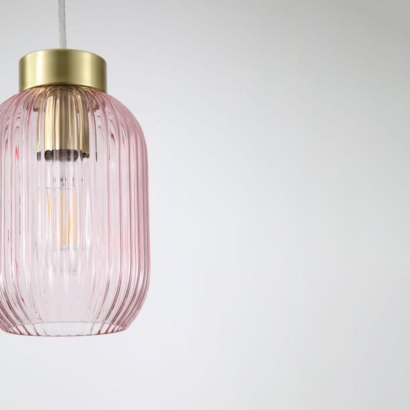 Searchlight-NIK-SP1-SB+02NIK-PI - Nikita - Satin Brass Pendant with Pink Ribbed Glass ∅ 14 cm