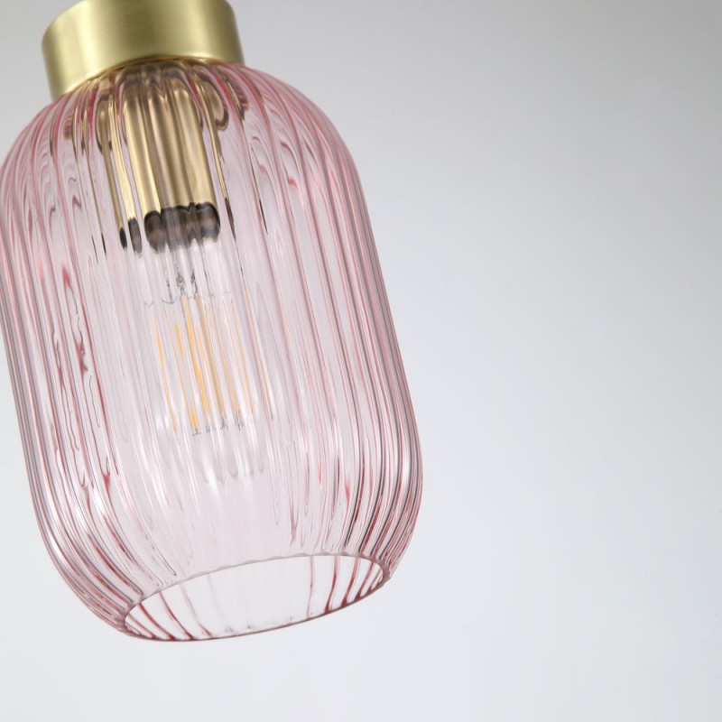 Searchlight-NIK-SP1-SB+02NIK-PI - Nikita - Satin Brass Pendant with Pink Ribbed Glass ∅ 14 cm