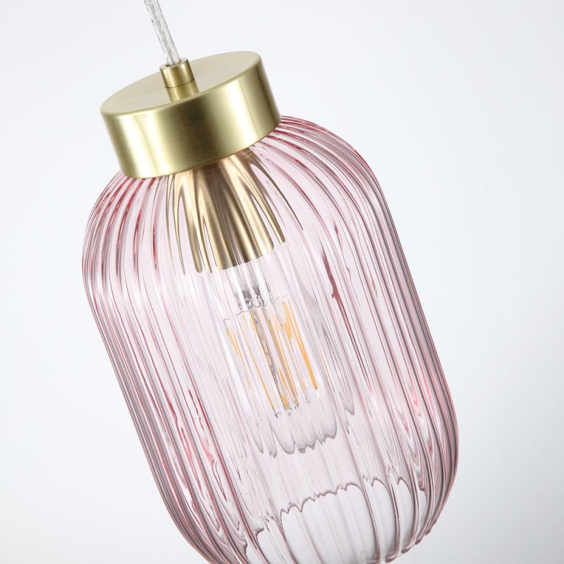 Searchlight-NIK-SP1-SB+02NIK-PI - Nikita - Satin Brass Pendant with Pink Ribbed Glass ∅ 14 cm