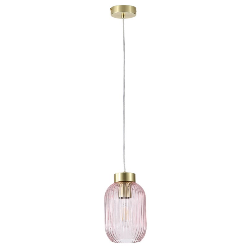 Searchlight-NIK-SP1-SB+02NIK-PI - Nikita - Satin Brass Pendant with Pink Ribbed Glass ∅ 14 cm
