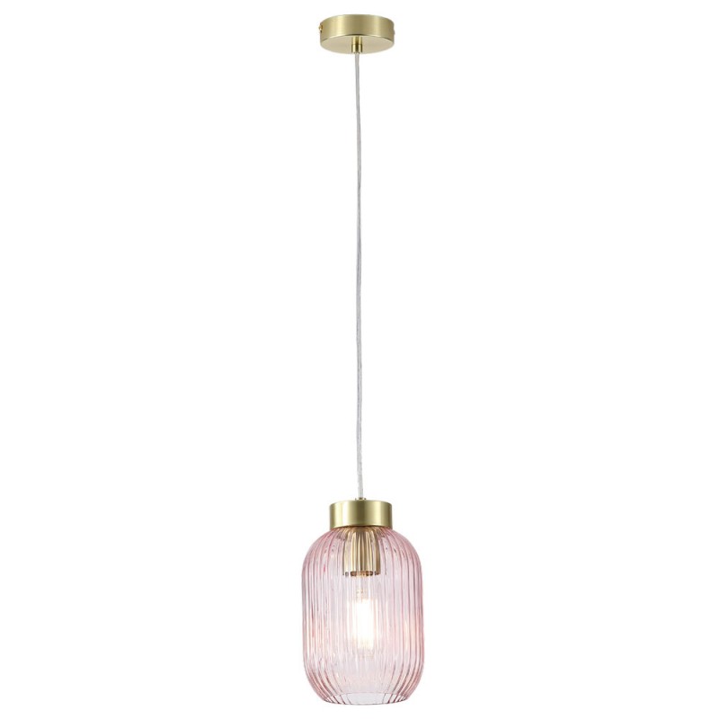 Searchlight-NIK-SP1-SB+02NIK-PI - Nikita - Satin Brass Pendant with Pink Ribbed Glass ∅ 14 cm