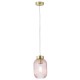 Searchlight-NIK-SP1-SB+02NIK-PI - Nikita - Satin Brass Pendant with Pink Ribbed Glass ∅ 14 cm