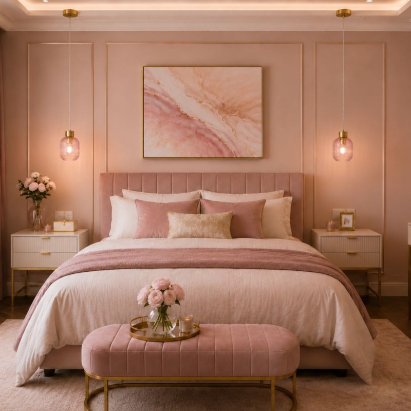 Searchlight-NIK-SP1-SB+02NIK-PI - Nikita - Satin Brass Pendant with Pink Ribbed Glass ∅ 14 cm