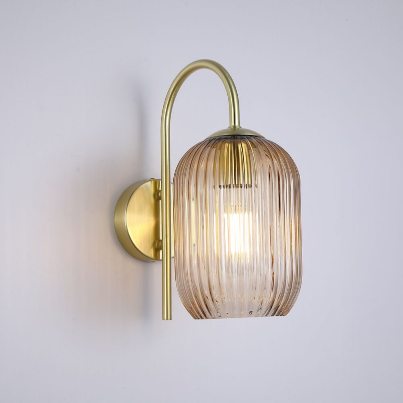 Searchlight-NIK-WB-SB+02NIK-AM - Nikita - Satin Brass Wall Lamp with Amber Ribbed Glass