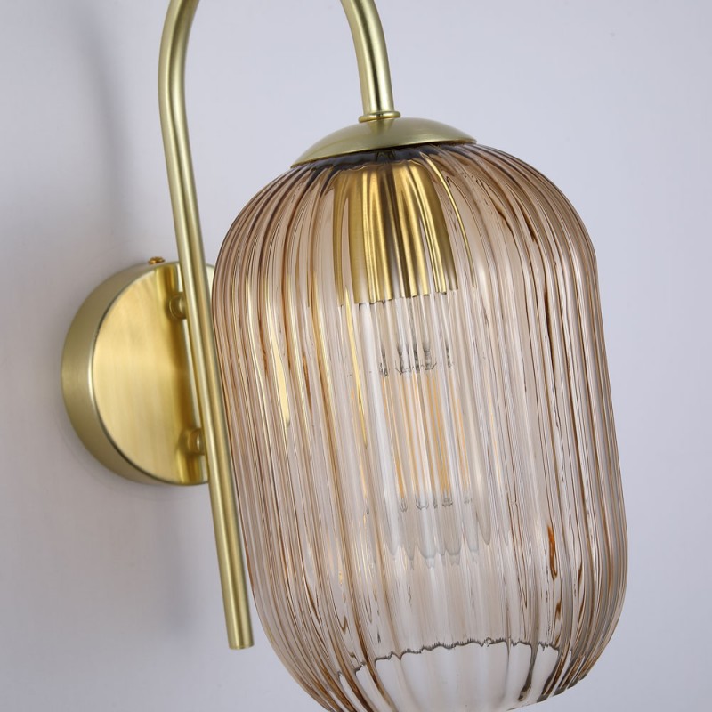 Searchlight-NIK-WB-SB+02NIK-AM - Nikita - Satin Brass Wall Lamp with Amber Ribbed Glass