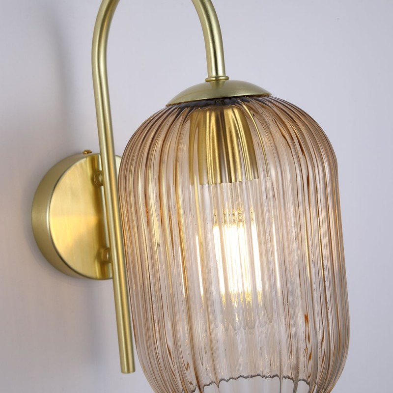 Searchlight-NIK-WB-SB+02NIK-AM - Nikita - Satin Brass Wall Lamp with Amber Ribbed Glass