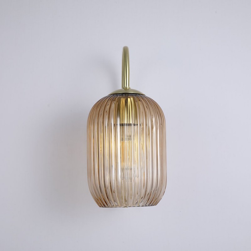 Searchlight-NIK-WB-SB+02NIK-AM - Nikita - Satin Brass Wall Lamp with Amber Ribbed Glass