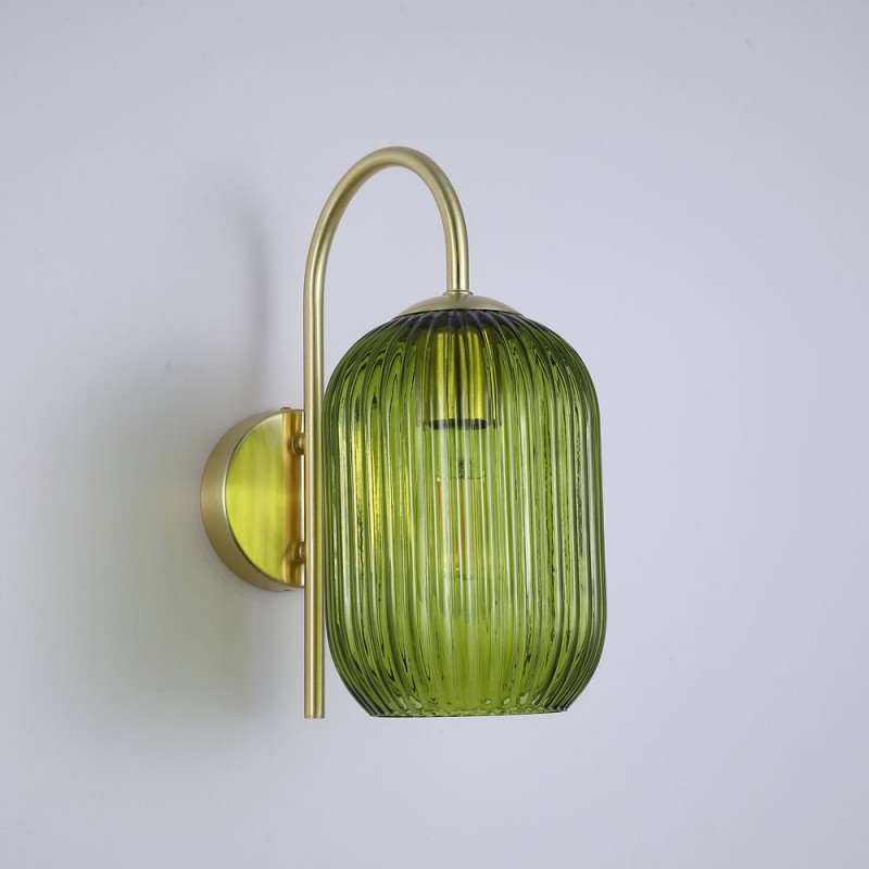 Searchlight-NIK-WB-SB+02NIK-GR - Nikita - Satin Brass Wall Lamp with Green Ribbed Glass