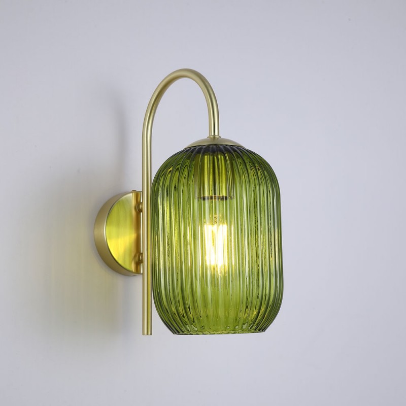 Searchlight-NIK-WB-SB+02NIK-GR - Nikita - Satin Brass Wall Lamp with Green Ribbed Glass