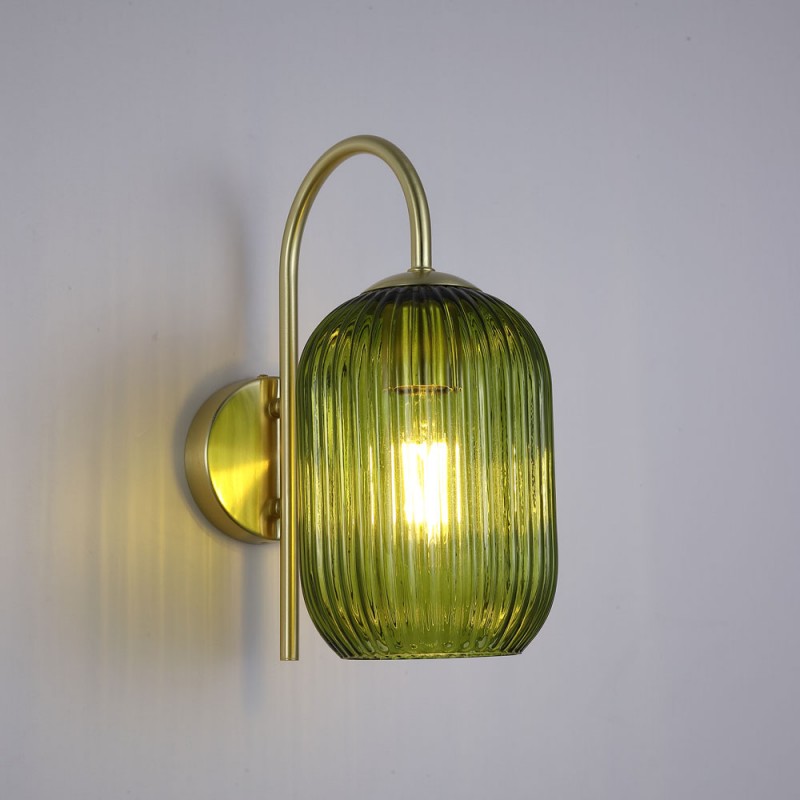 Searchlight-NIK-WB-SB+02NIK-GR - Nikita - Satin Brass Wall Lamp with Green Ribbed Glass