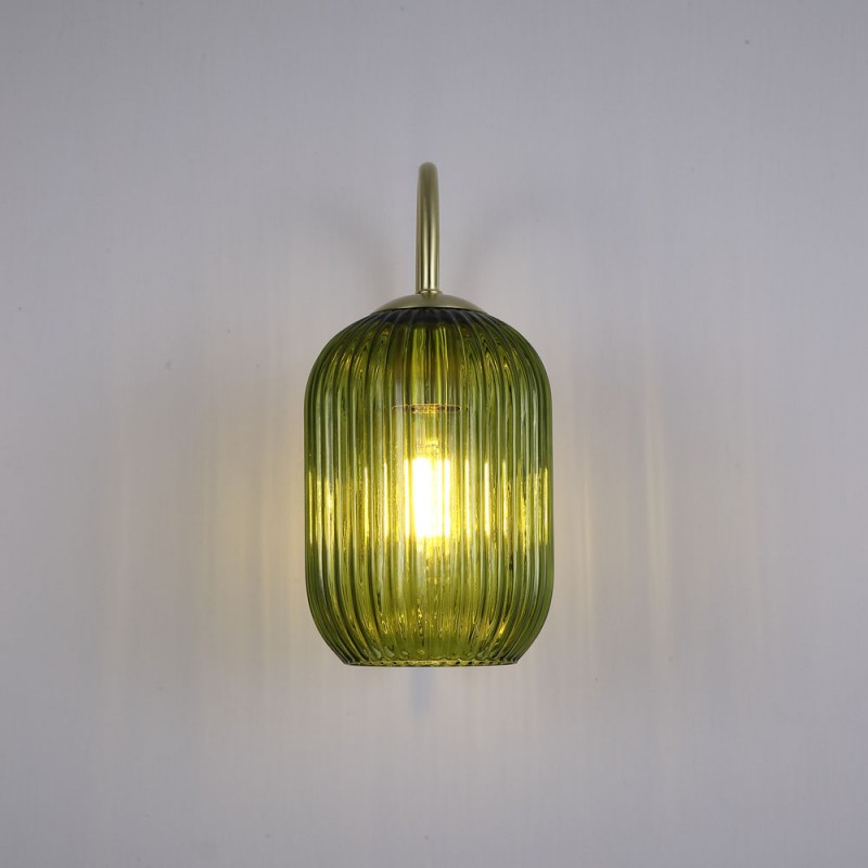Searchlight-NIK-WB-SB+02NIK-GR - Nikita - Satin Brass Wall Lamp with Green Ribbed Glass