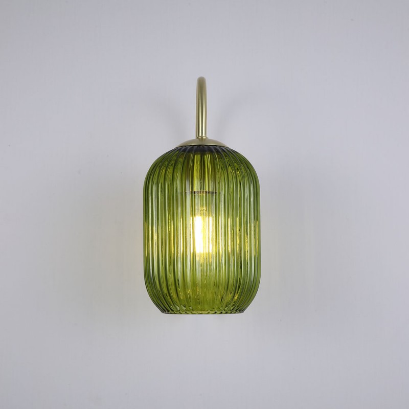 Searchlight-NIK-WB-SB+02NIK-GR - Nikita - Satin Brass Wall Lamp with Green Ribbed Glass