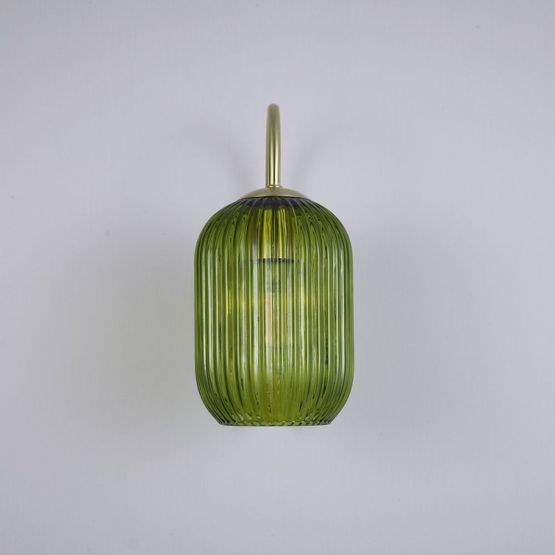 Searchlight-NIK-WB-SB+02NIK-GR - Nikita - Satin Brass Wall Lamp with Green Ribbed Glass