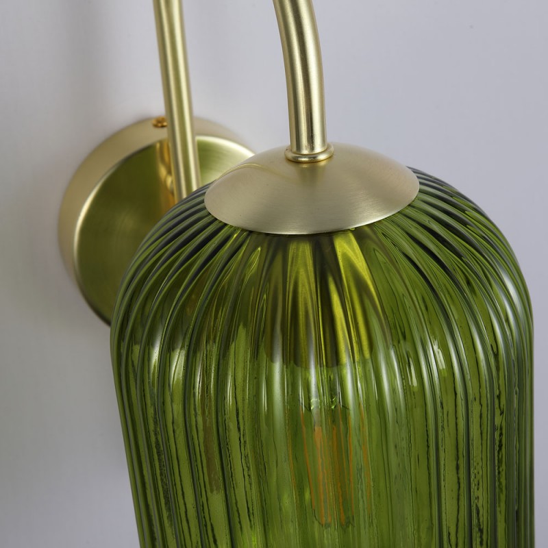 Searchlight-NIK-WB-SB+02NIK-GR - Nikita - Satin Brass Wall Lamp with Green Ribbed Glass