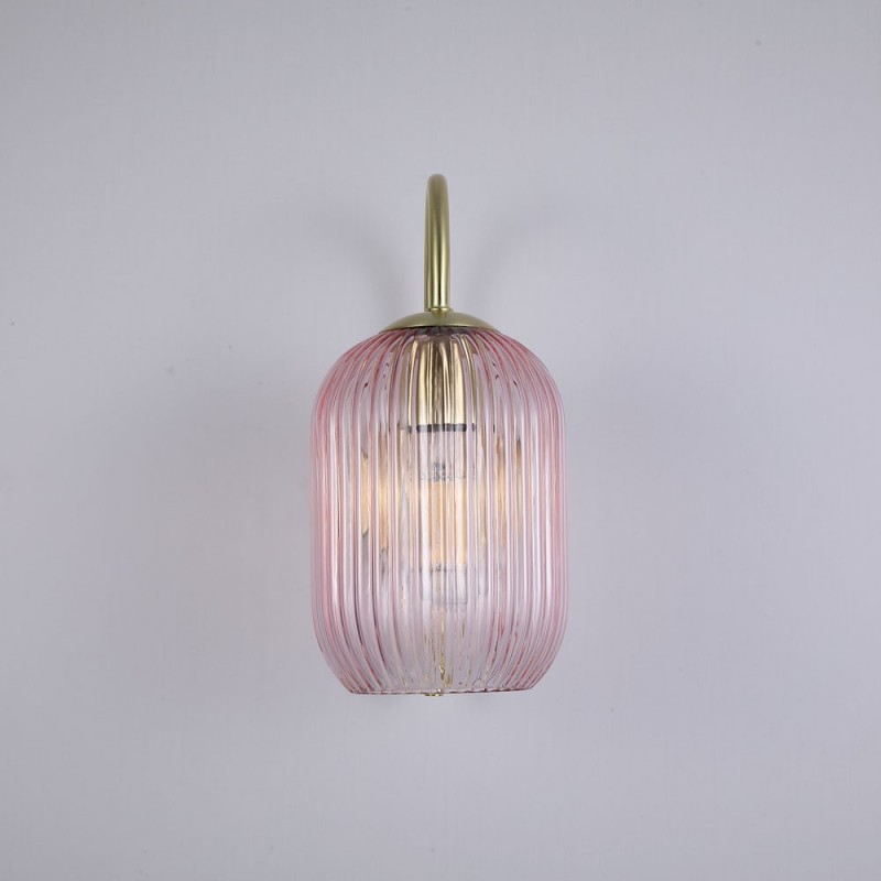 Searchlight-NIK-WB-SB+02NIK-PI - Nikita - Satin Brass Wall Lamp with Pink Ribbed Glass