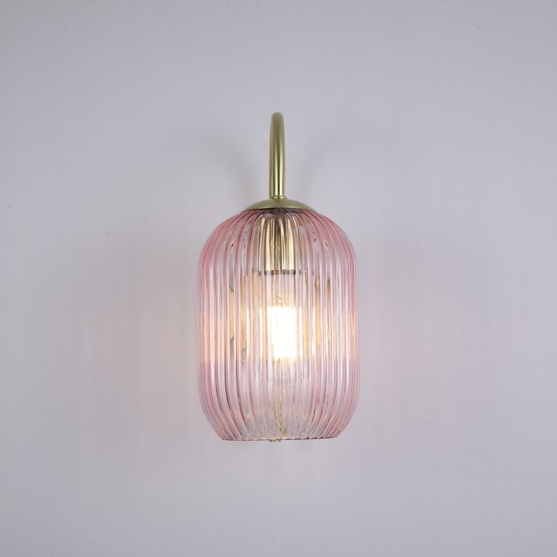 Searchlight-NIK-WB-SB+02NIK-PI - Nikita - Satin Brass Wall Lamp with Pink Ribbed Glass