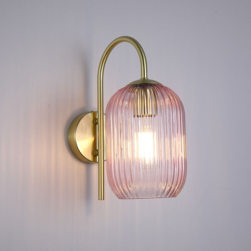 Searchlight-NIK-WB-SB+02NIK-PI - Nikita - Satin Brass Wall Lamp with Pink Ribbed Glass