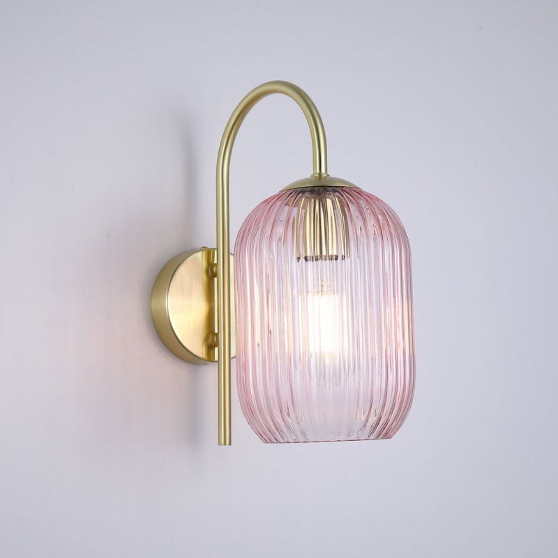 Searchlight-NIK-WB-SB+02NIK-PI - Nikita - Satin Brass Wall Lamp with Pink Ribbed Glass
